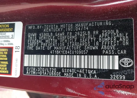 2014 Toyota Avalon Xle Touring из США, поврежденный, VIN 4T1BK1EB4EU109057